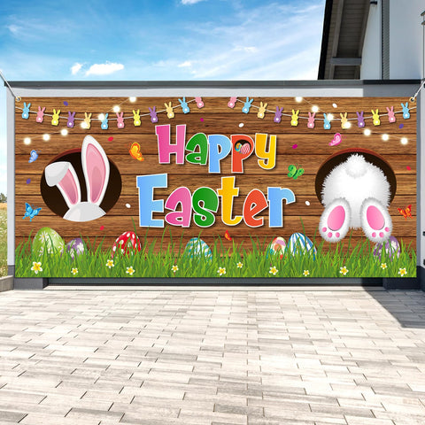 HAKOTI Easter garage door cover with bunnies and eggs enhances festive entryways.