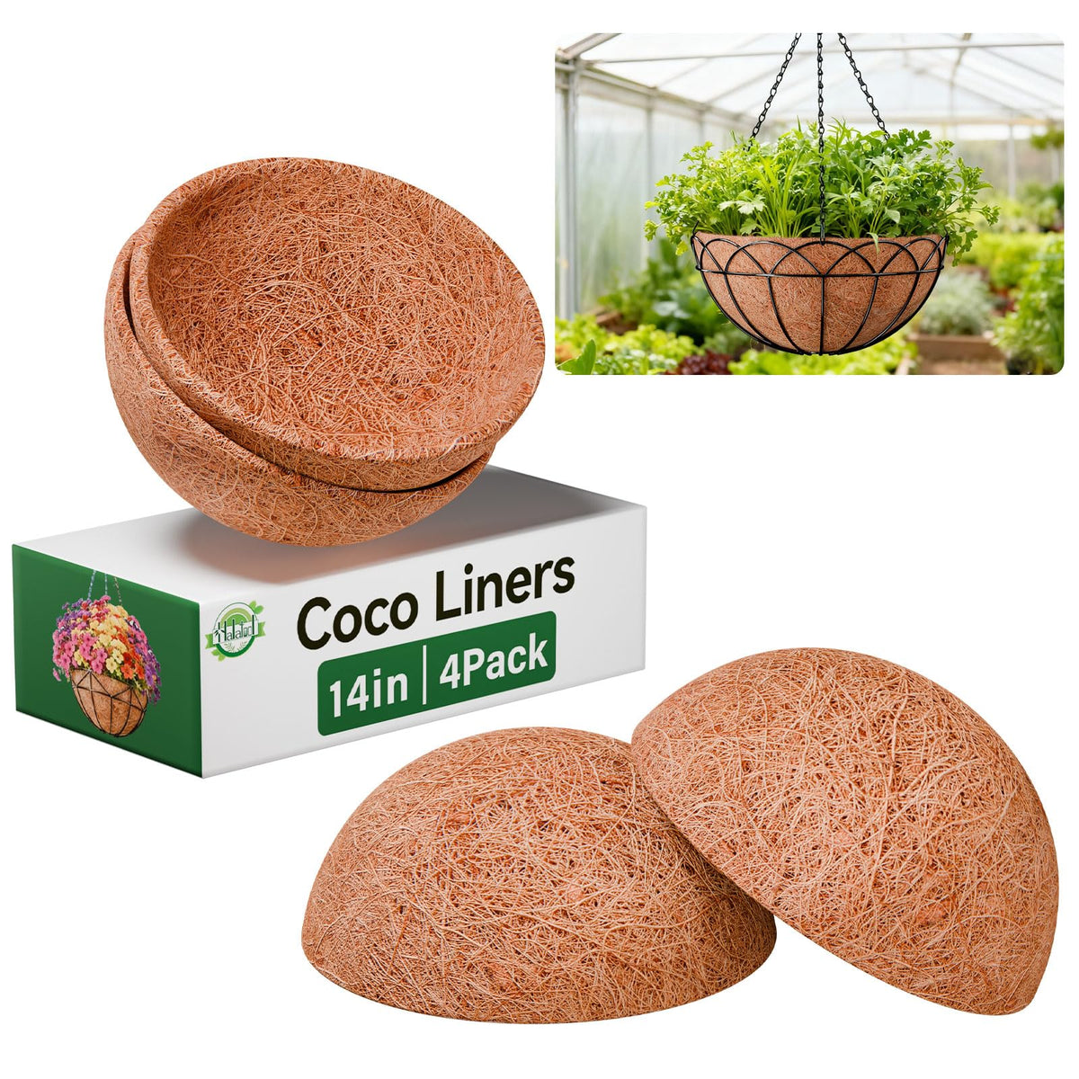 Halatool 14-inch round coco liner with natural fiber weave for breathable planters.