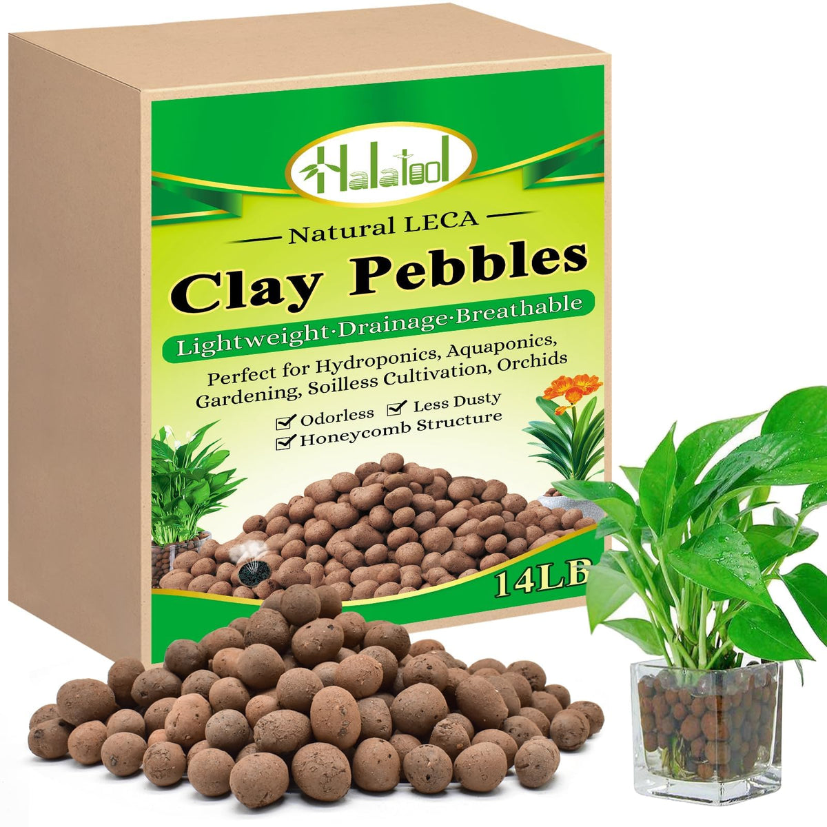 Halatool 14lb organic Leca balls improve moisture control in pots.