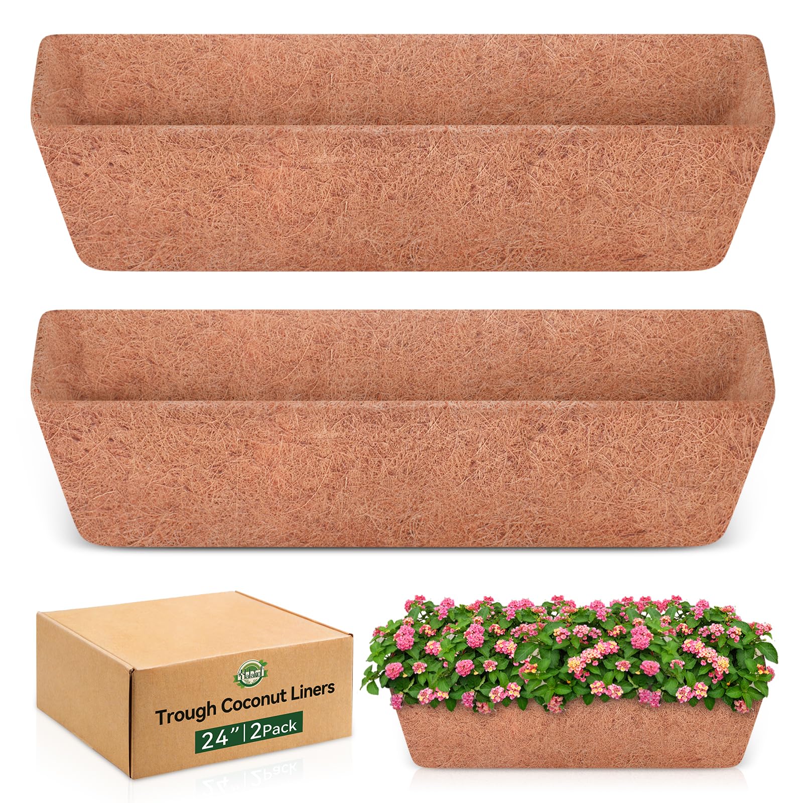 Halatool 24-inch window box liner demonstrating breathable coconut coir for healthy roots.