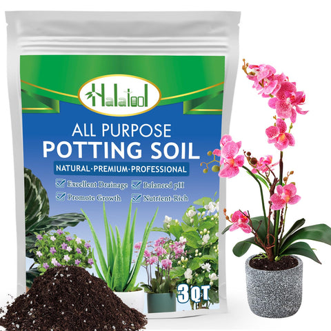 Halatool 3QT potting soil packaging with resealable bag for moisture control.