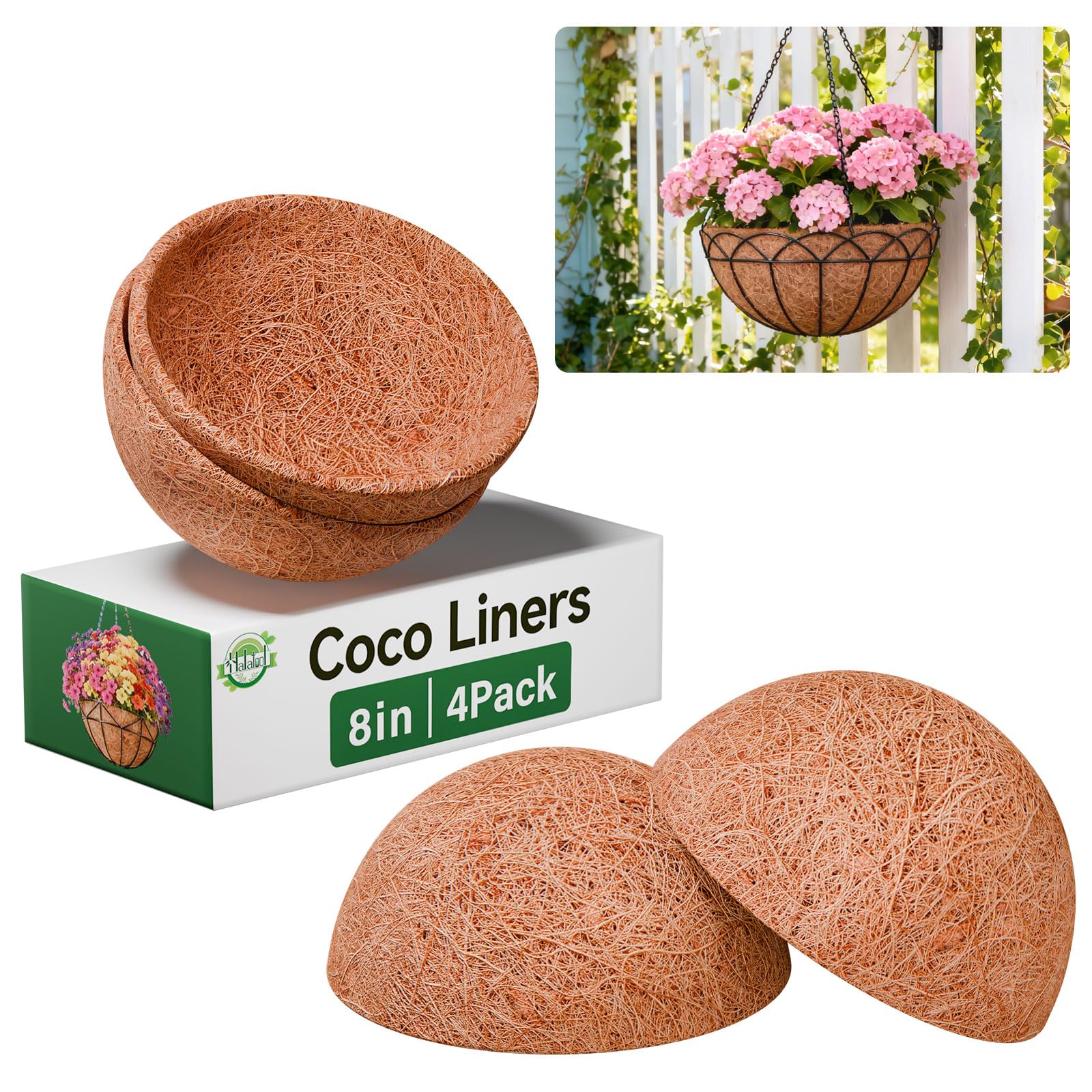 Halatool 8-inch coconut liner for hanging baskets promotes soil airflow and moisture retention.