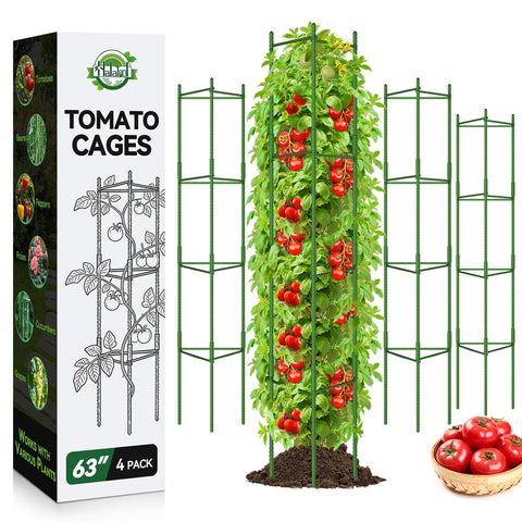 Halatool 63-inch tomato cages assembled provide sturdy vertical support for climbing plants.