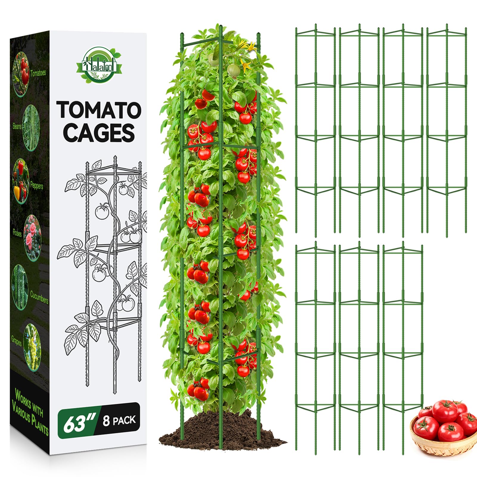 Halatool 8-pack tomato cages, packaged for quick garden prep and easy storage.