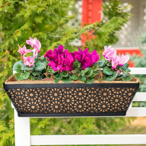 Halatool balcony planter on fence provides sturdy flower support.