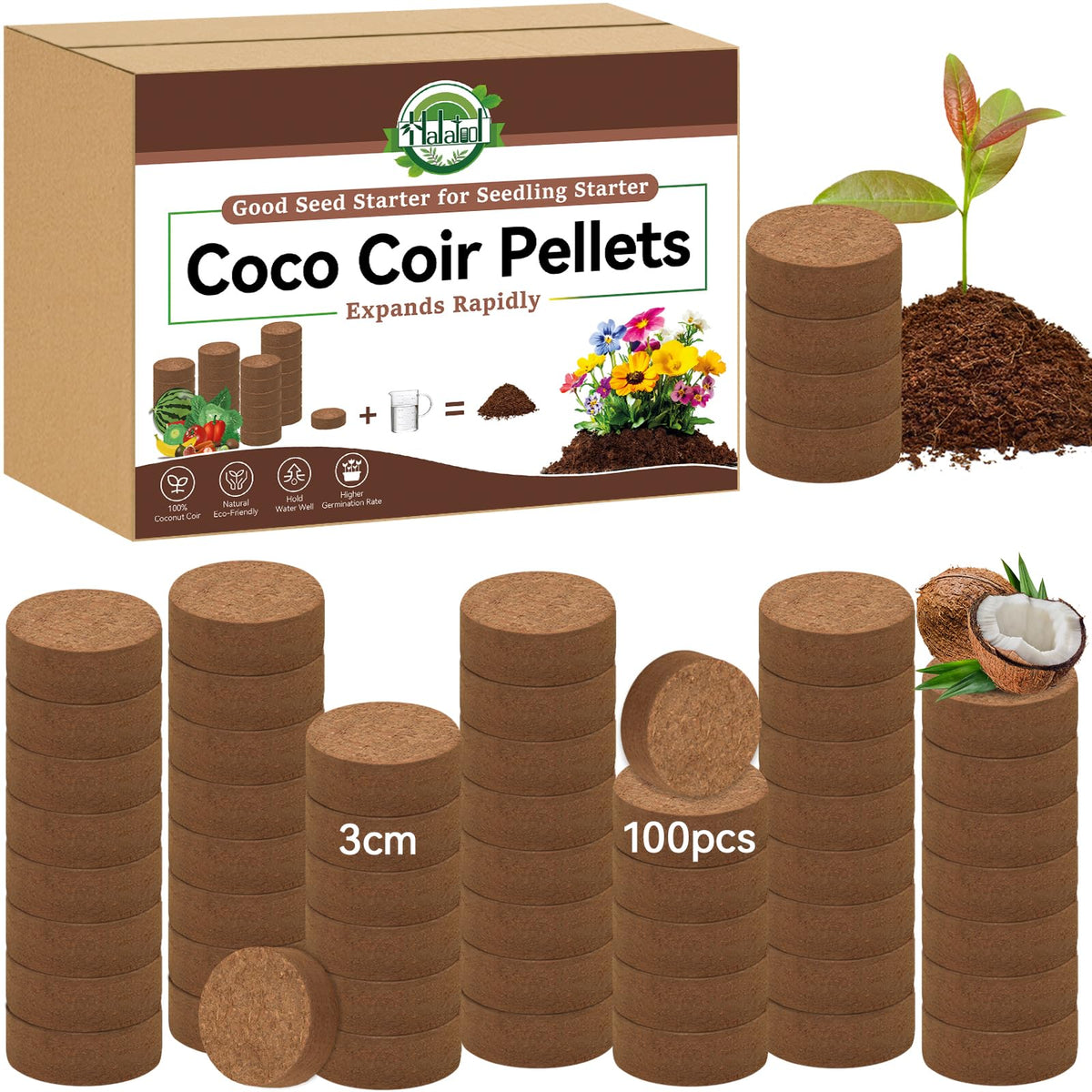 Halatool coco coir pellets ready to expand for seed starting
