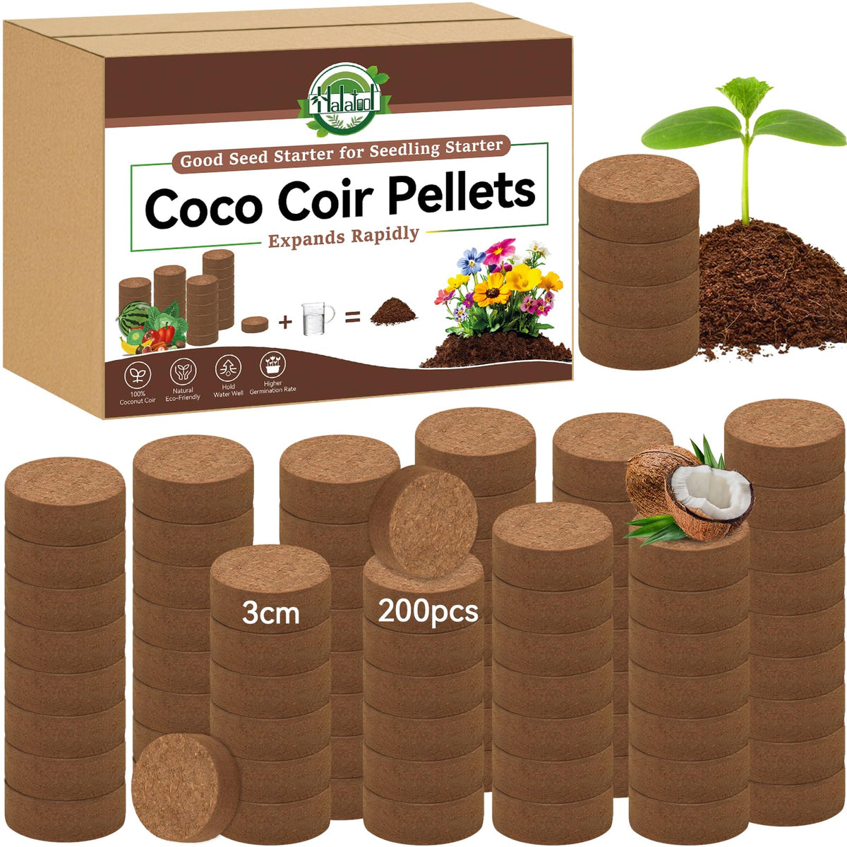 Halatool coco coir pellets pack expands into seed starter soil for easy germination.