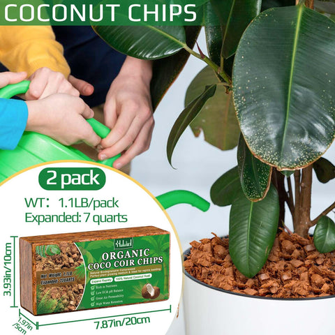 Halatool expanded coco coir chips reaching seven quarts for soil mixing.