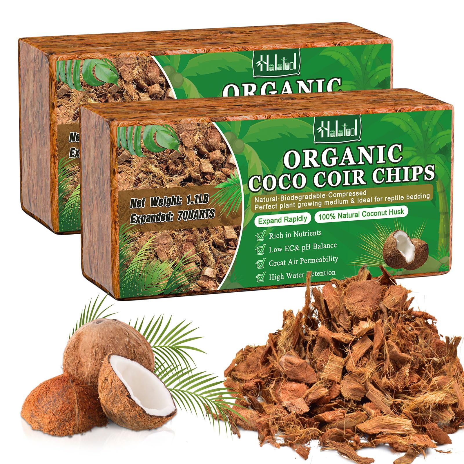 Halatool coco husk chip bricks, raw and compact, ready to expand for gardening.