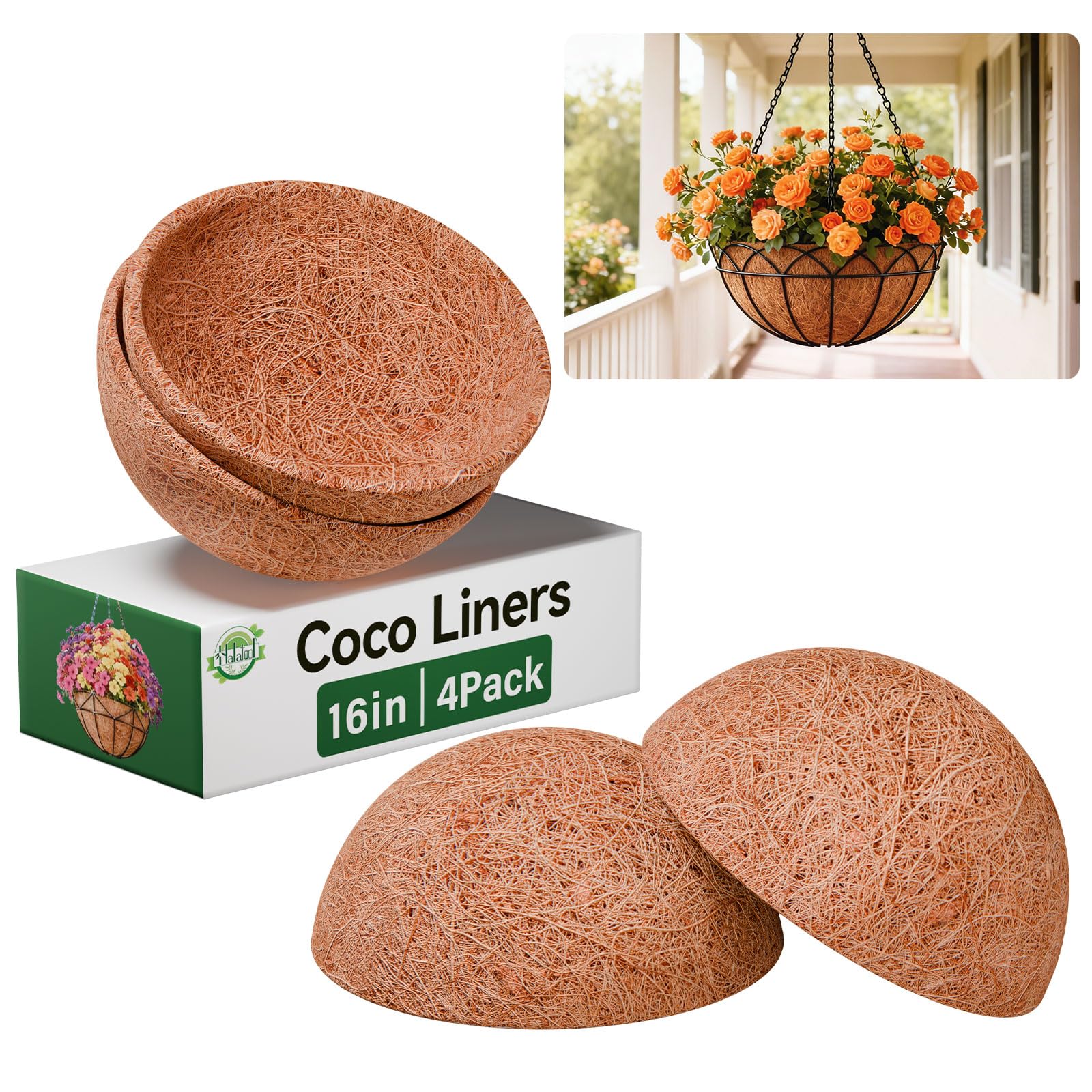 Halatool 16-inch round coconut coir liner for hanging baskets, ready to install