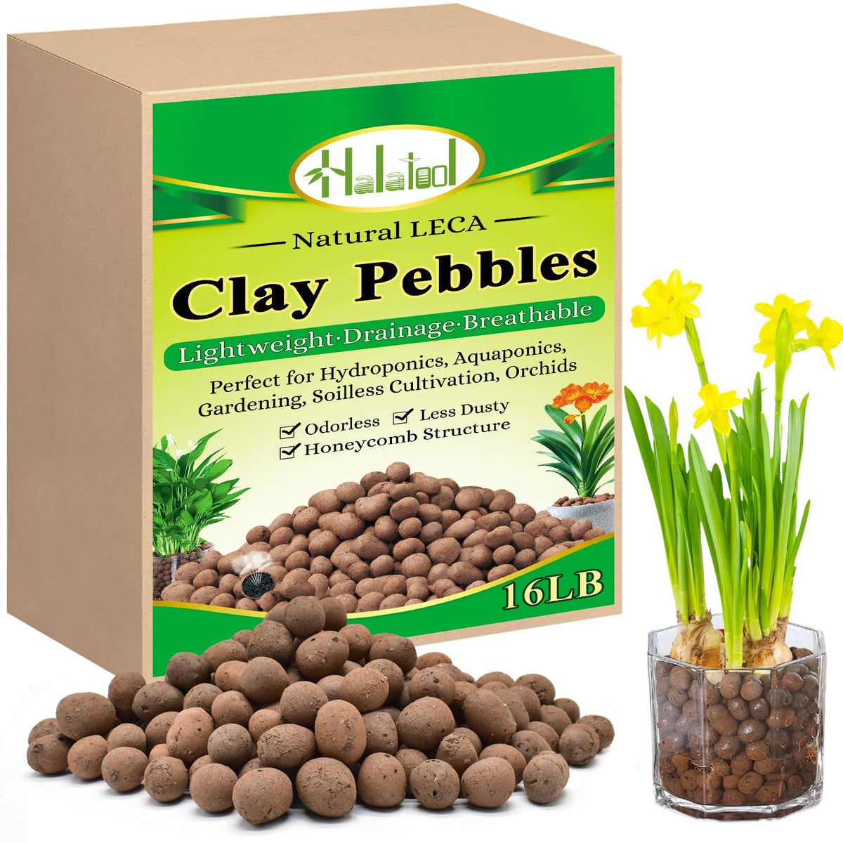 Halatool LECA 16lb pack shot showing organic clay pebbles for versatile growth media and drainage.