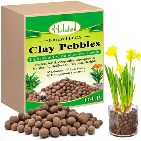 Halatool LECA 16lb pack shot showing organic clay pebbles for versatile growth media and drainage.