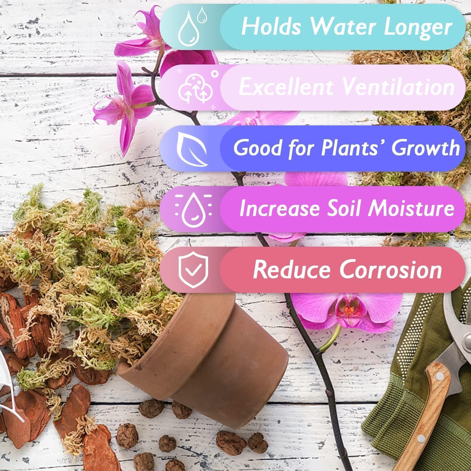Halatool long-fiber orchid moss enhances aeration for orchid repotting.