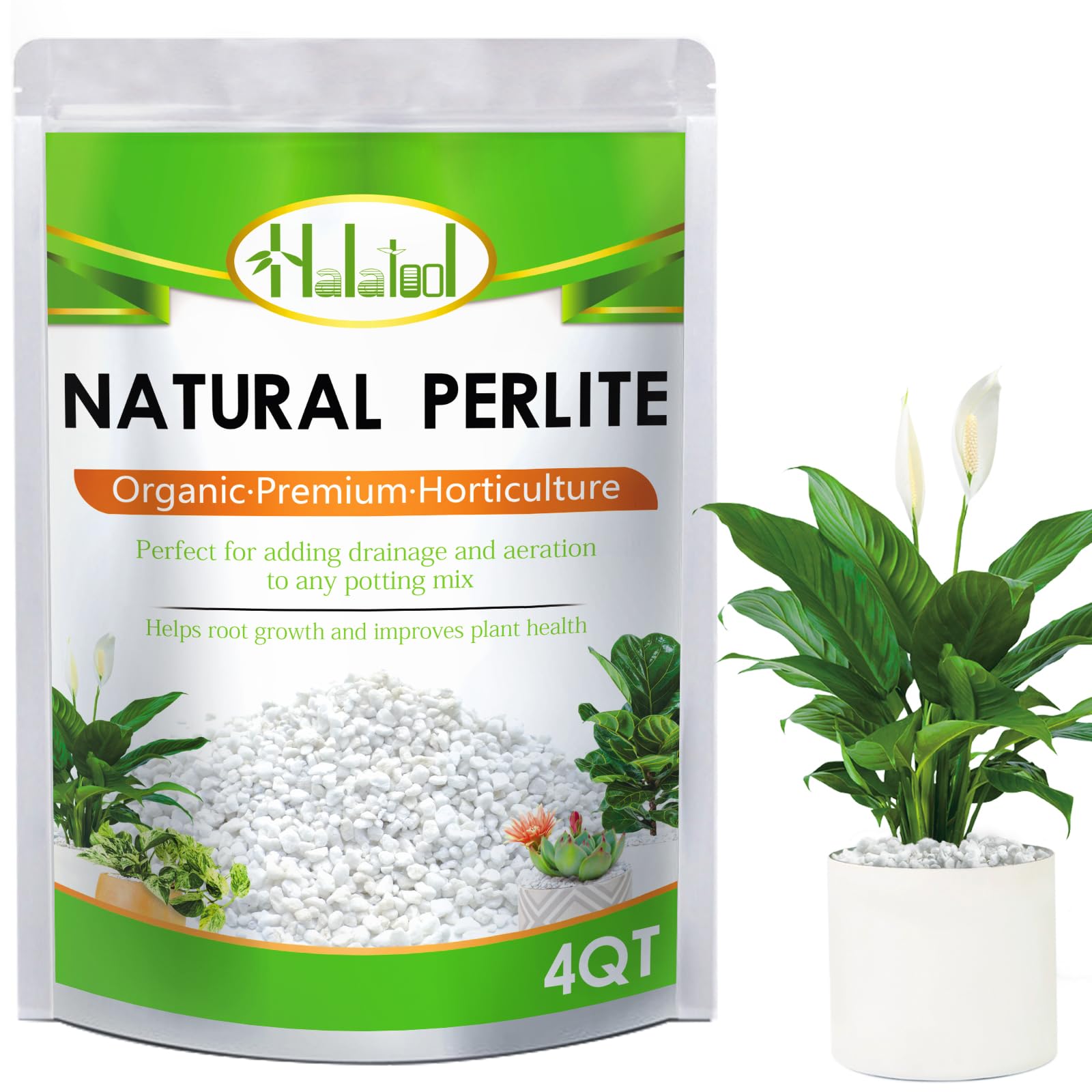 Halatool perlite 4QT bag showing uniform particles for better soil aeration.