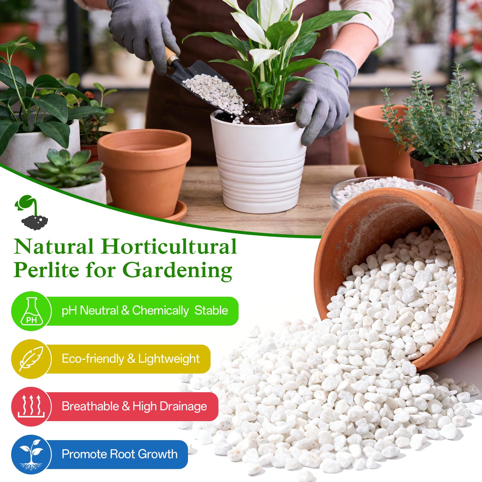 Halatool Perlite granules held in hand for uniform soil mixing.