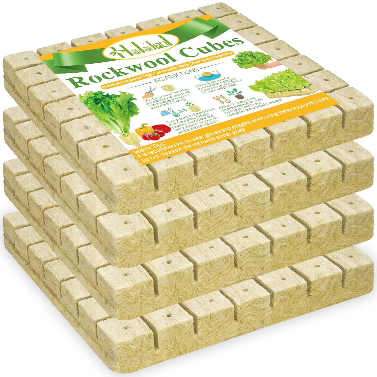 Halatool rockwool cubes with moisture-retaining texture ideal for seed germination and early growth.
