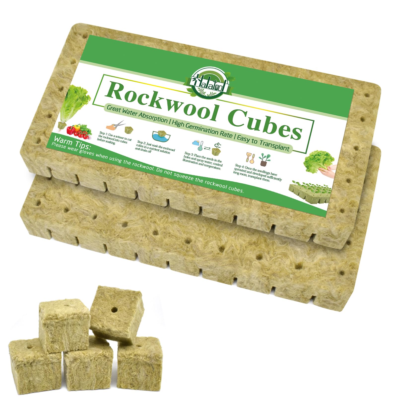 Halatool rockwool cubes packaging image shows 100 plugs ready for germination.