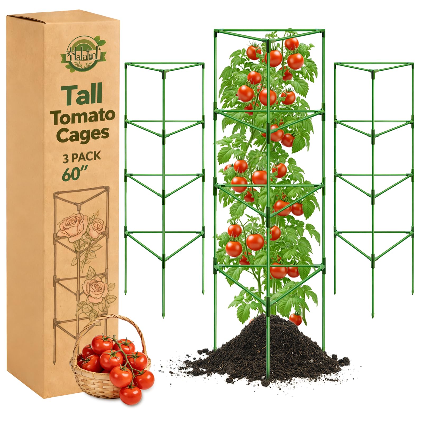 Halatool 60-inch tomato cage supports tall plants for vertical growth