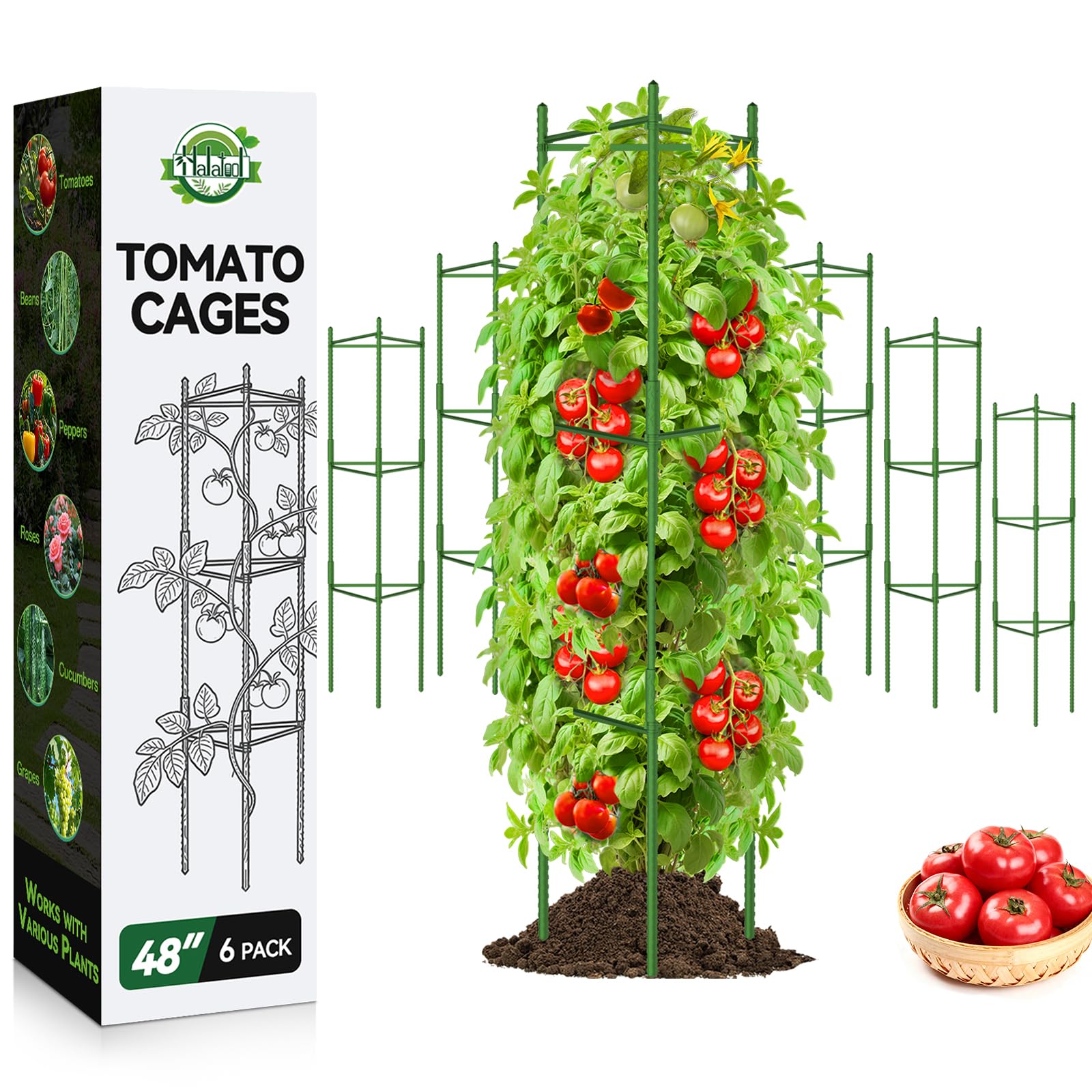 Halatool tomato cages complete package for easy, ready-to-use garden support.