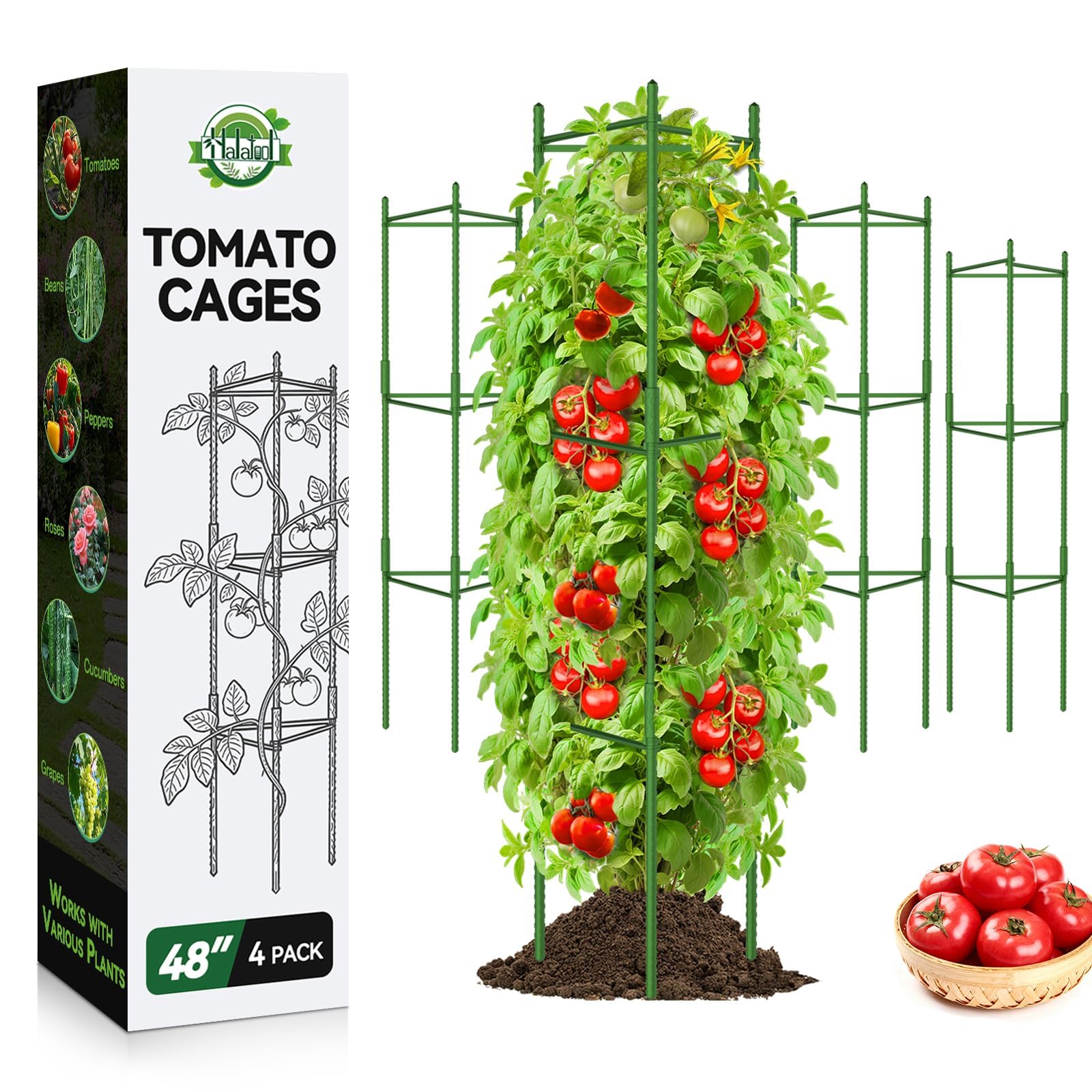 Halatool tomato cages package includes stakes, arms, connectors and ties for quick setup