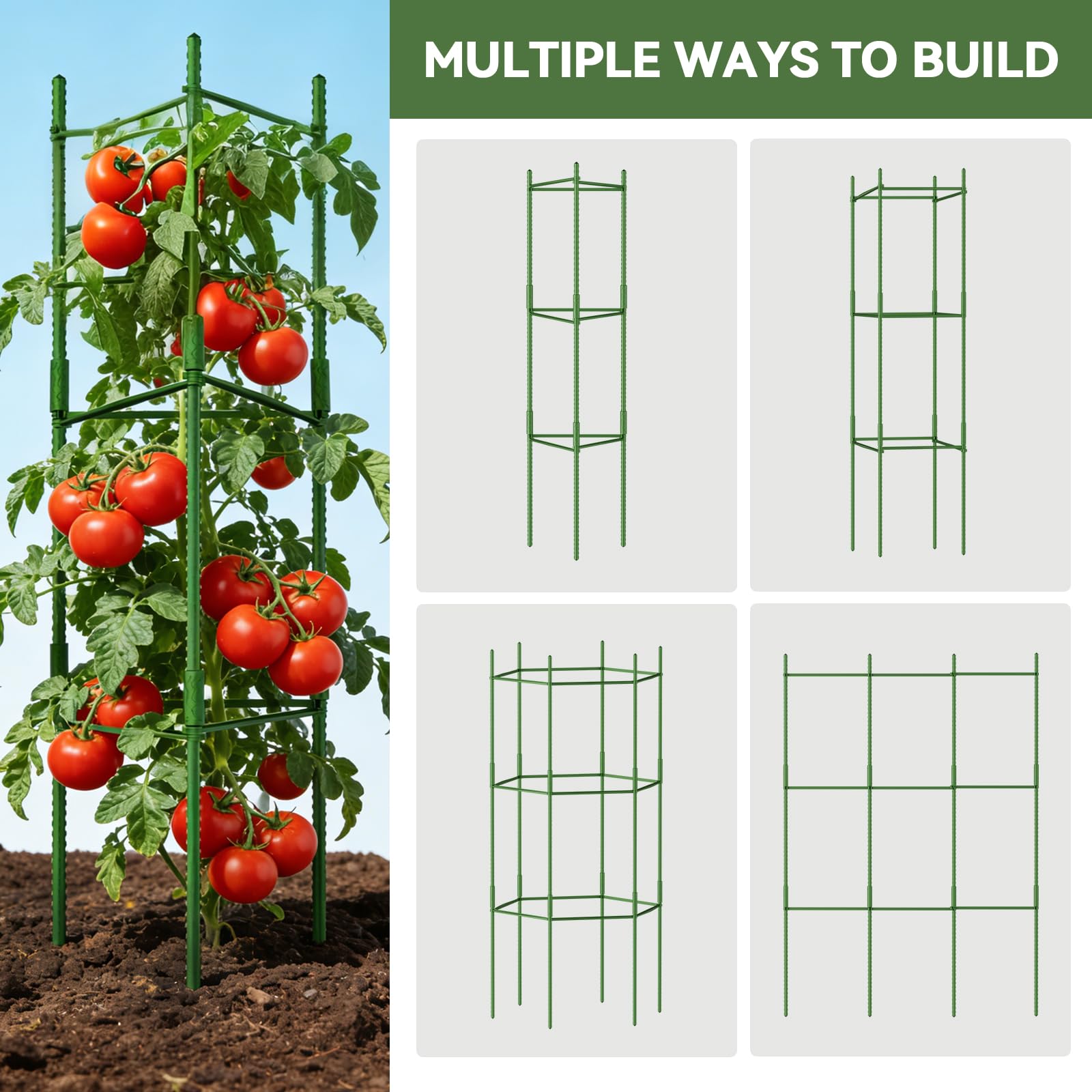 Halatool tomato cages triangles-squares-hexagons provide customizable stability for vegetable rows
