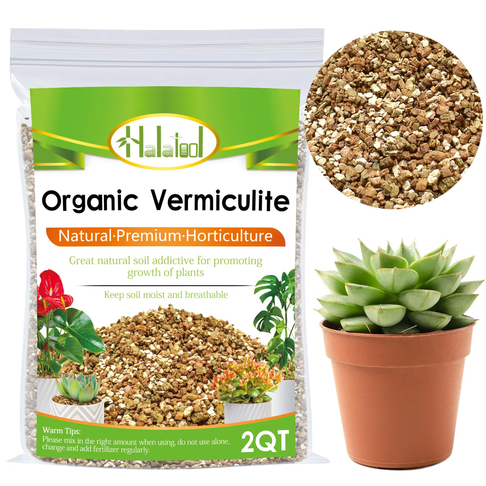 Halatool vermiculite moisture-retention visuals show hydration for indoor plants.