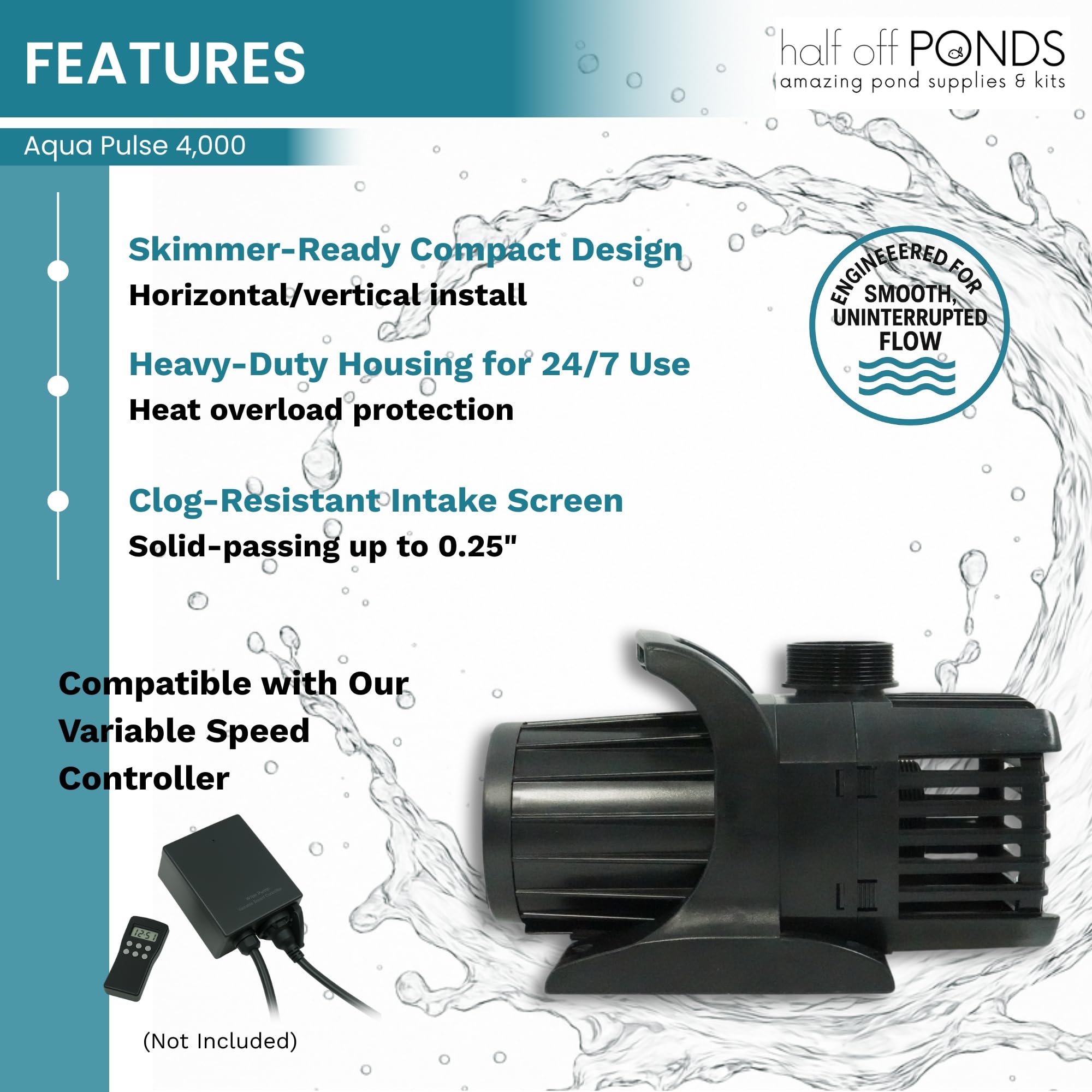 Half Off Ponds hybrid motor delivers quiet performance with durable reliability.