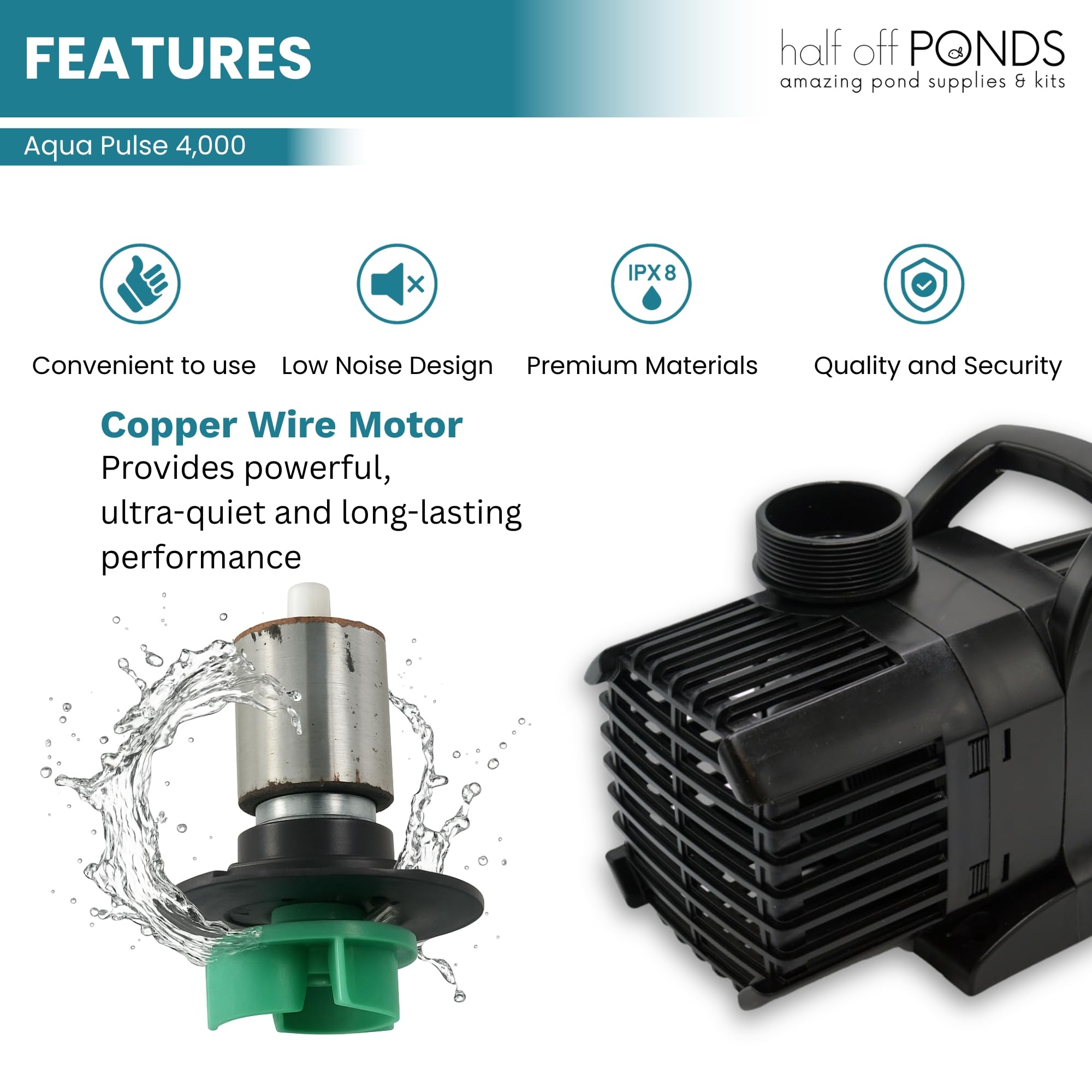 Half Off Ponds submersible pump achieves 21 ft head for waterfalls and skimmers.