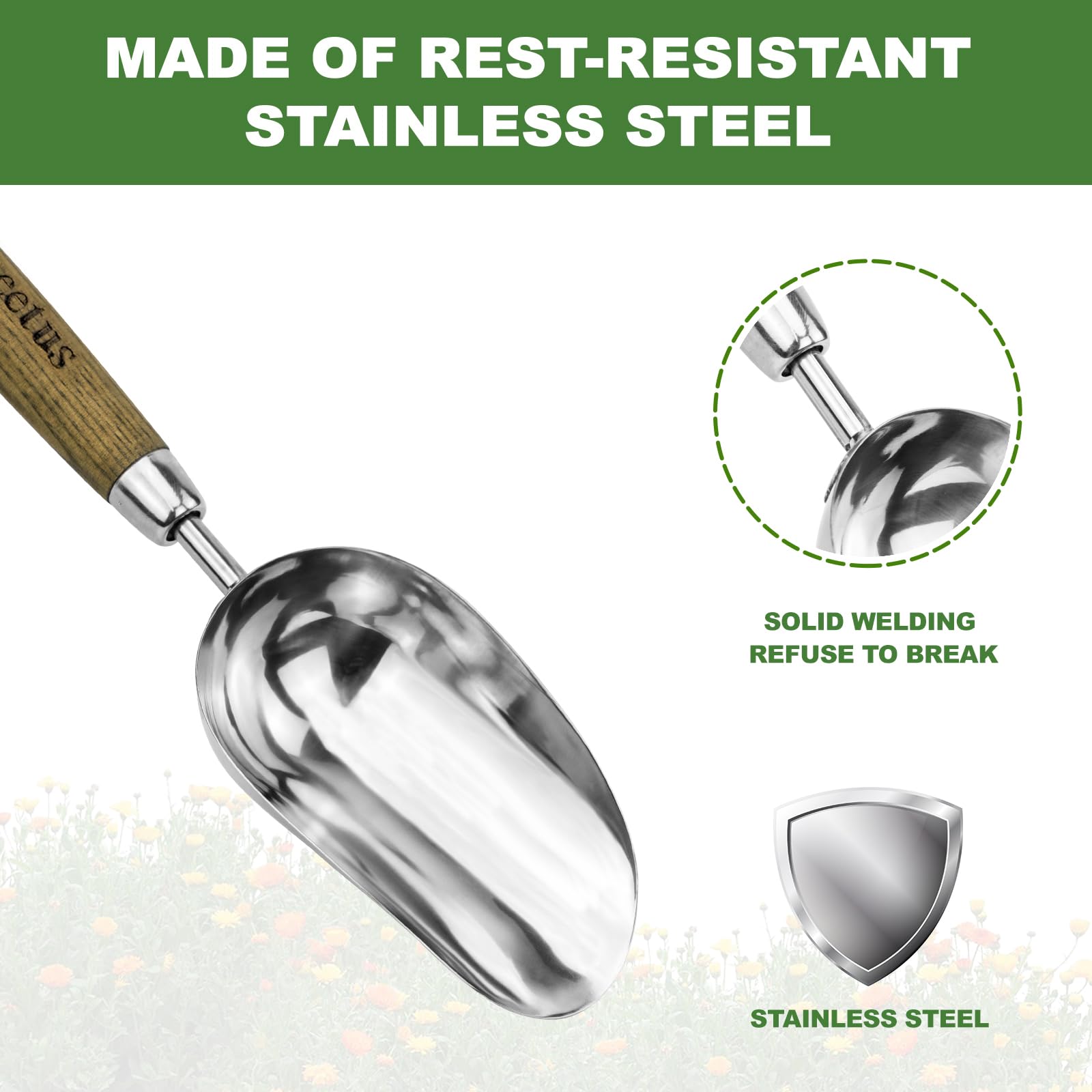 Haliaeetus bend-proof scoop with wooden handle for durable garden use.