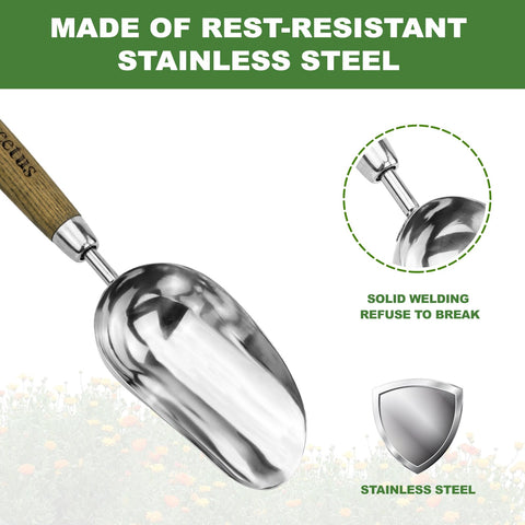 Haliaeetus bend-proof scoop with wooden handle for durable garden use.