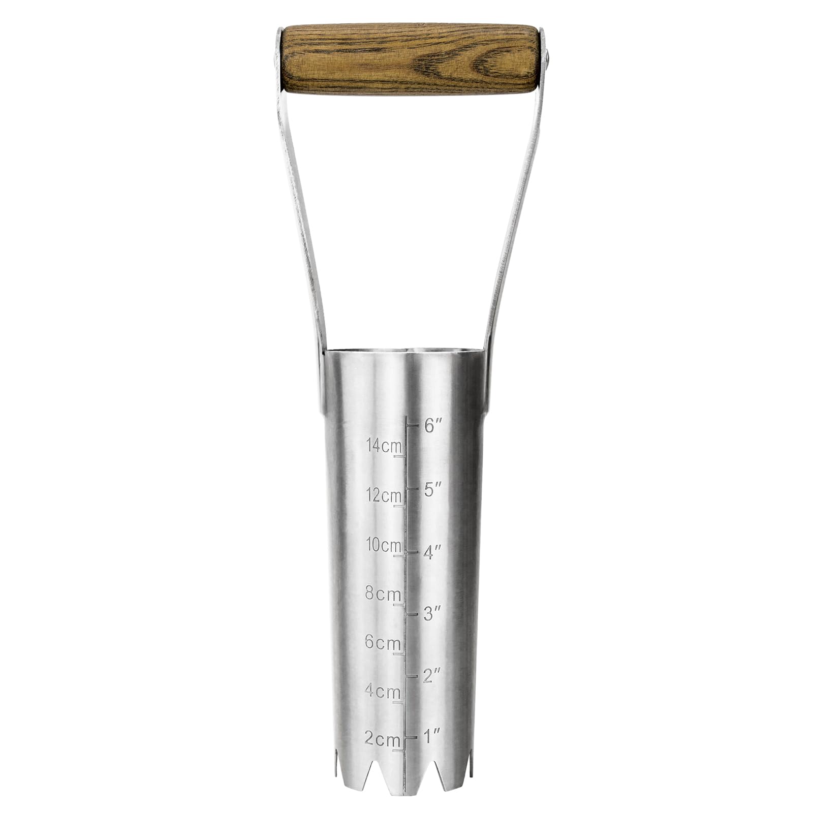 Haliaeetus bulb planter with wooden handle providing comfortable depth control.