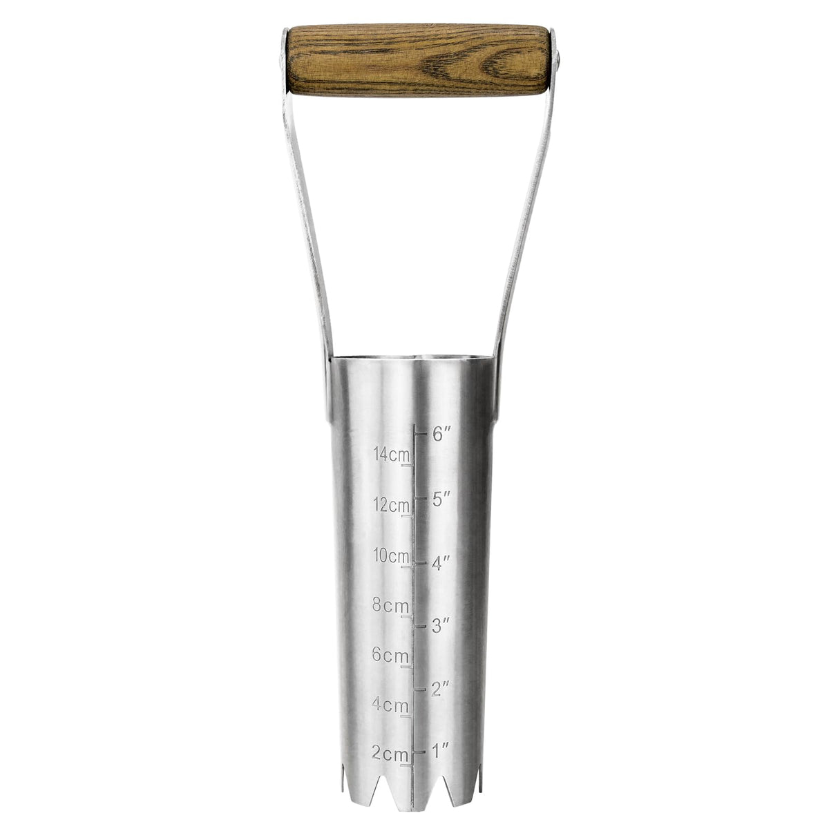 Haliaeetus bulb planter with wooden handle providing comfortable depth control.
