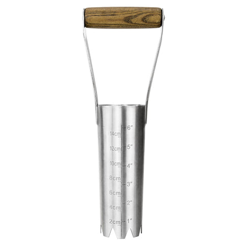 Haliaeetus bulb planter with wooden handle providing comfortable depth control.