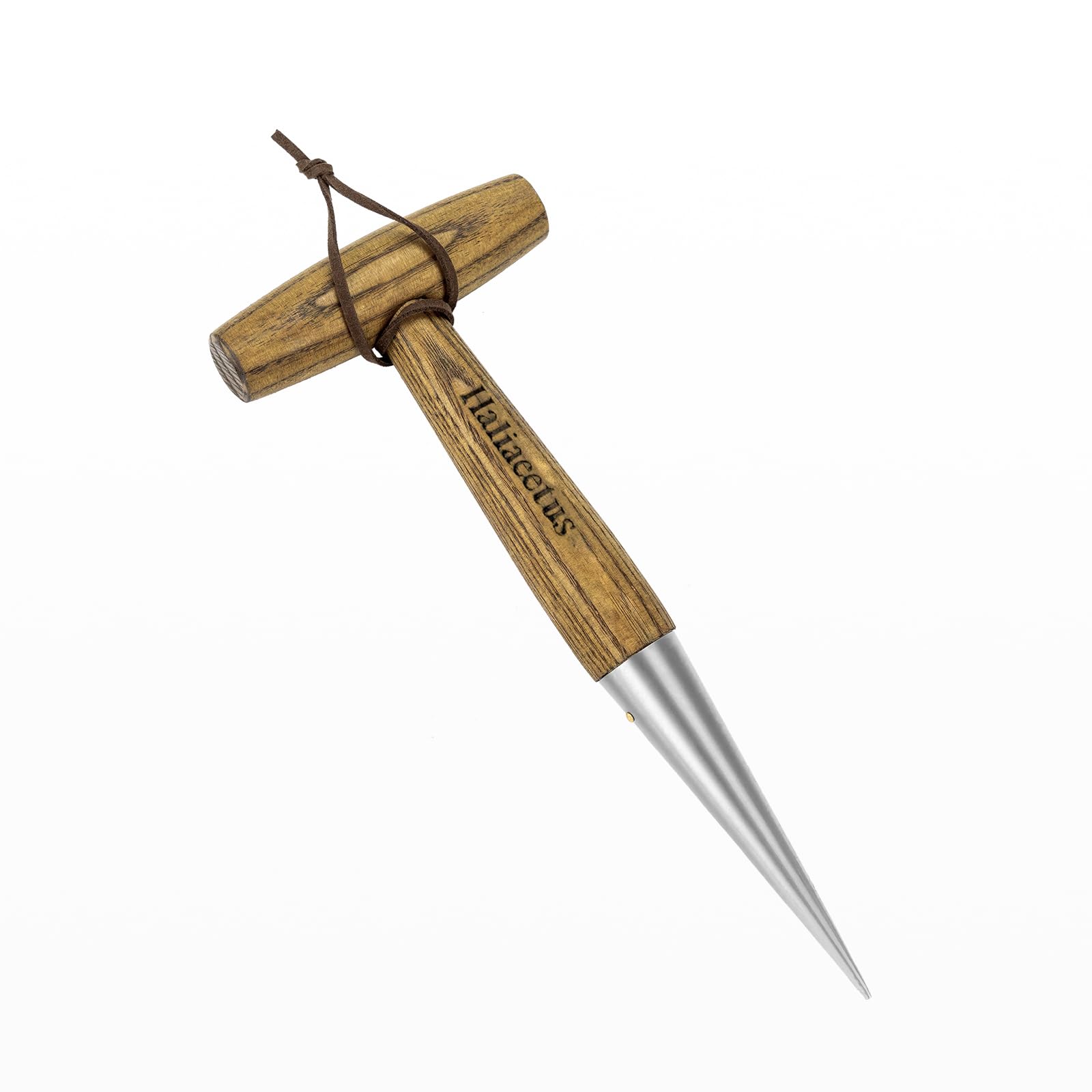 Haliaeetus dibber metal tip penetrating compact soil for precise seed holes.