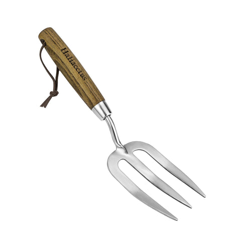 Haliaeetus garden hand fork with sharp tines eases weed uprooting in moist soil.