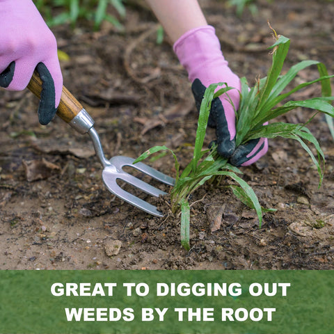 Haliaeetus garden hand fork with wooden handle offers comfortable grip during weeding.