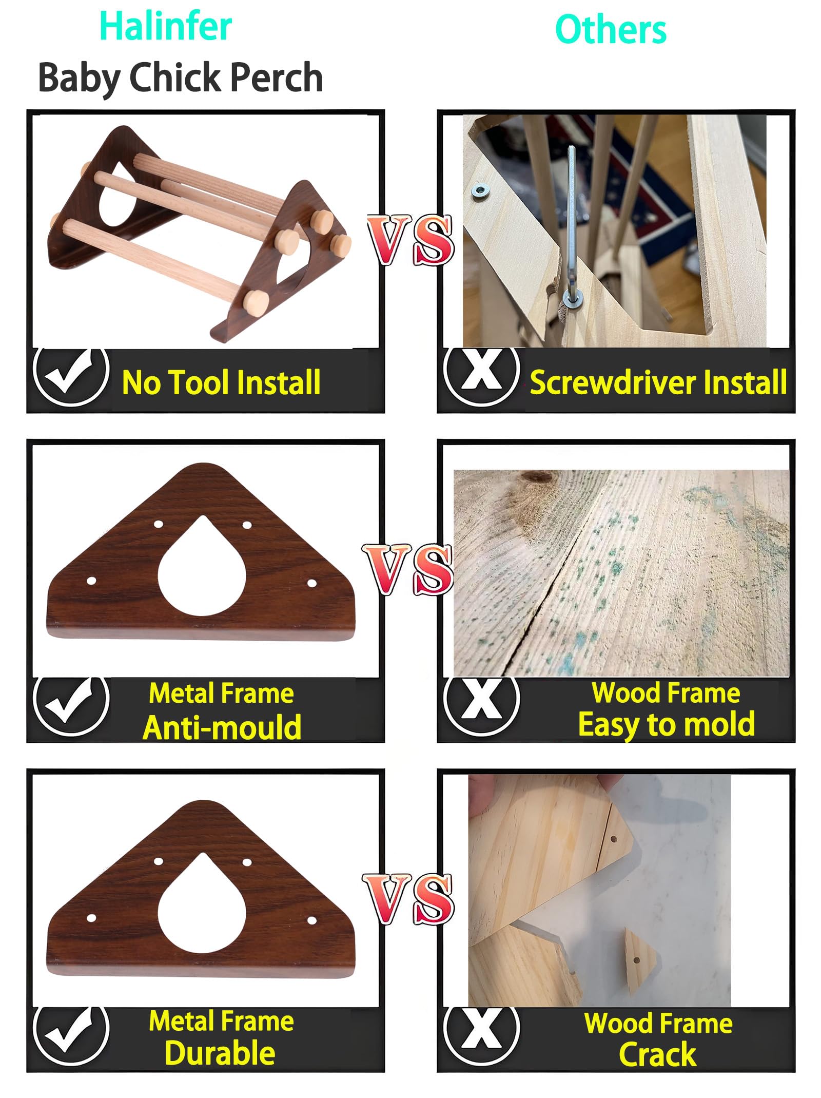 Halinfer smooth wooden perches give chicks a safe, easy-to-grip surface.