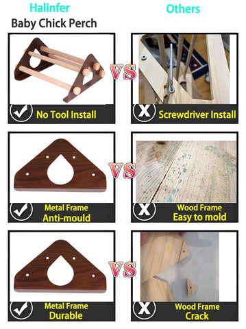 Halinfer smooth wooden perches give chicks a safe, easy-to-grip surface.