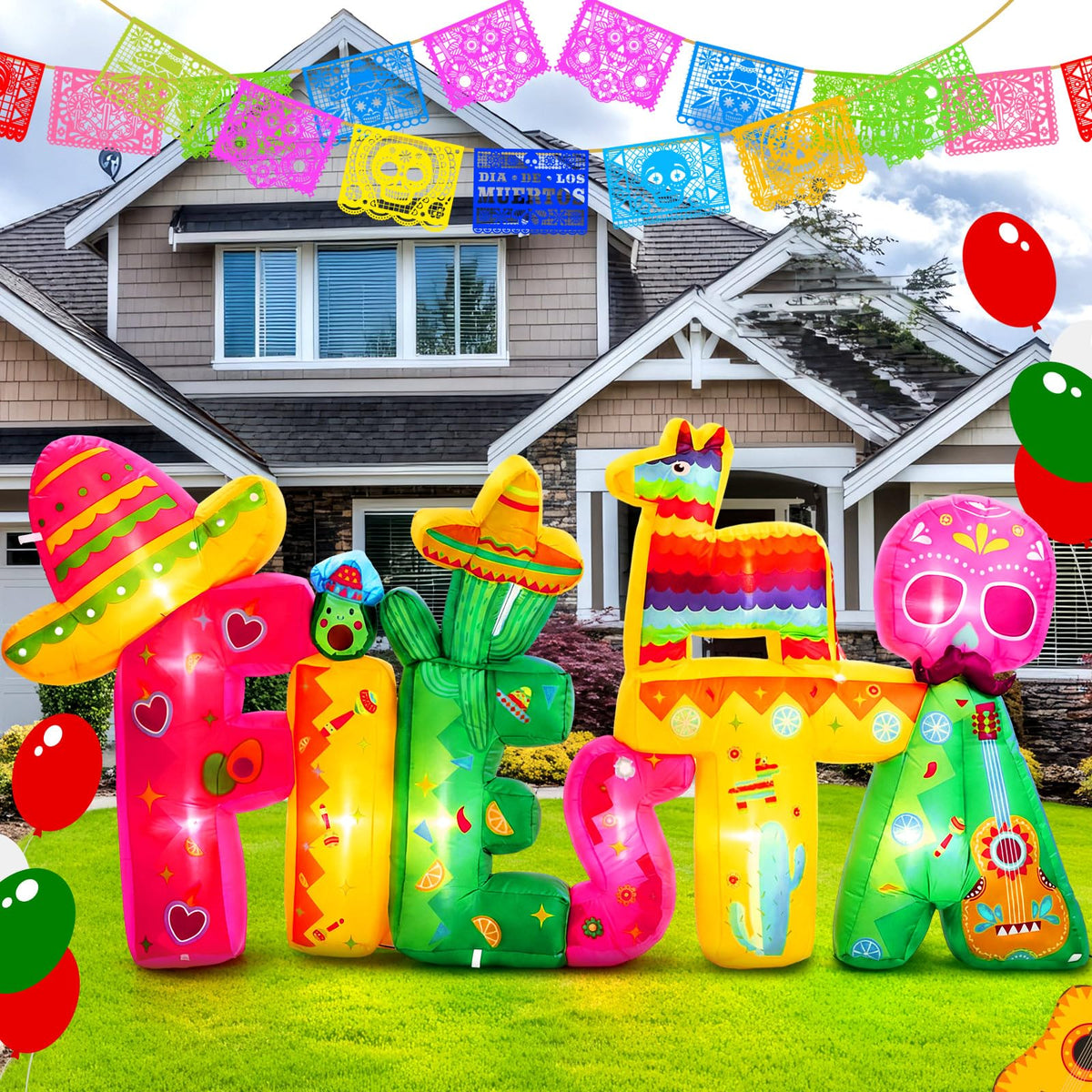 Halloscume Mexican Fiesta inflatable sombreros for outdoor decor with vibrant colors and visibility at night