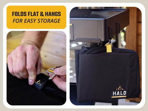 HALO Versa 16 cover side pocket open for convenient 1lb gas container storage.
