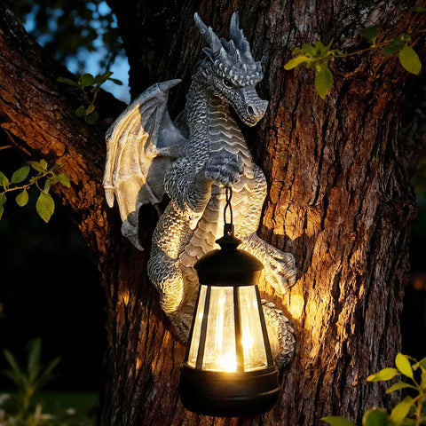 Halovin Garden Statue Tree Hugger Dragon front view showcases detailed craftsmanship in durable resin.