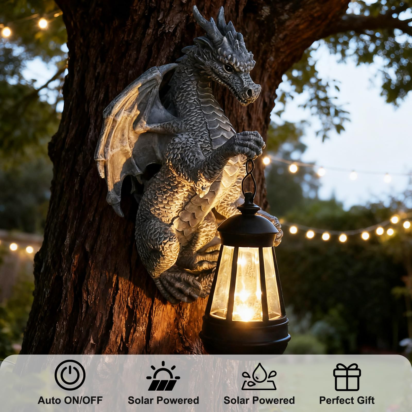 Halovin dragon wall-hanging with solar lantern demonstrates versatile outdoor decoration at night.