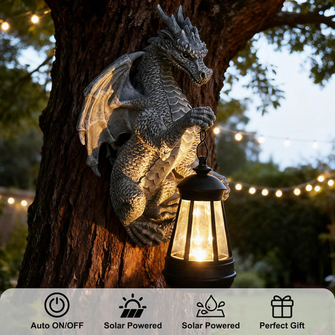 Halovin dragon wall-hanging with solar lantern demonstrates versatile outdoor decoration at night.