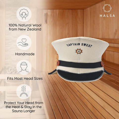 Halsa Sauna Hat side view showing breathable wool and secure fit.
