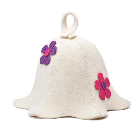 Halsa sauna hat with flowers pattern shielding the head during spa sessions