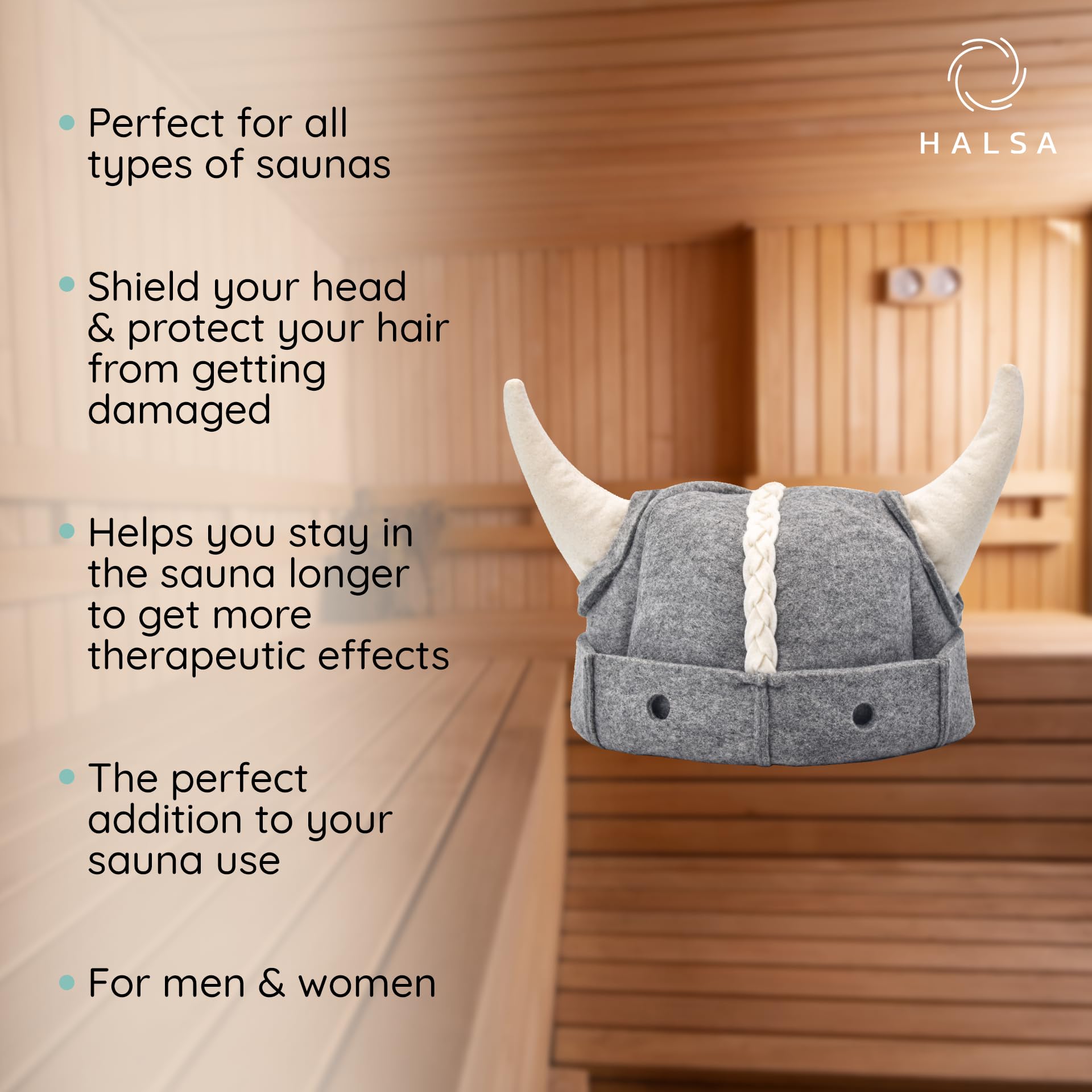 Halsa Sauna Hat worn in sauna or banya demonstrates even heat protection for the head.