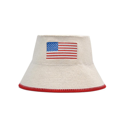 Halsa sauna hat front view, natural wool warmth with the USA flag design