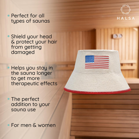 Halsa sauna hat worn in sauna demonstrates head protection in heat