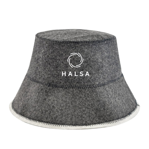 Halsa Sauna Hat in natural wool shields hair and scalp during heat.