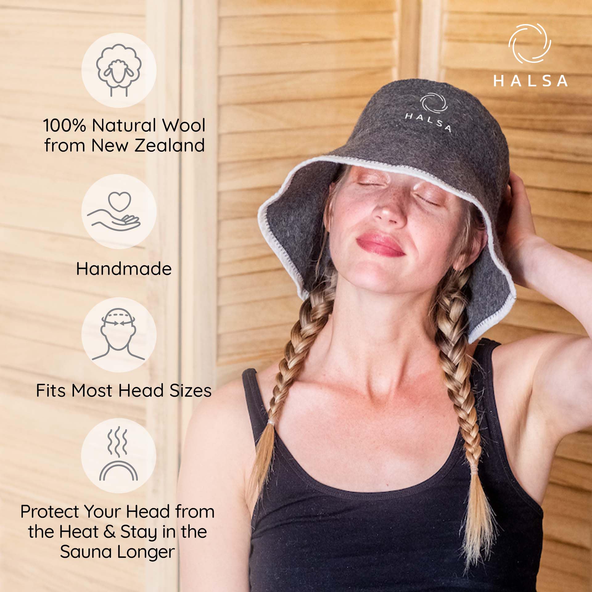 Halsa Sauna Hat worn on head for comfortable, breathable heat protection.